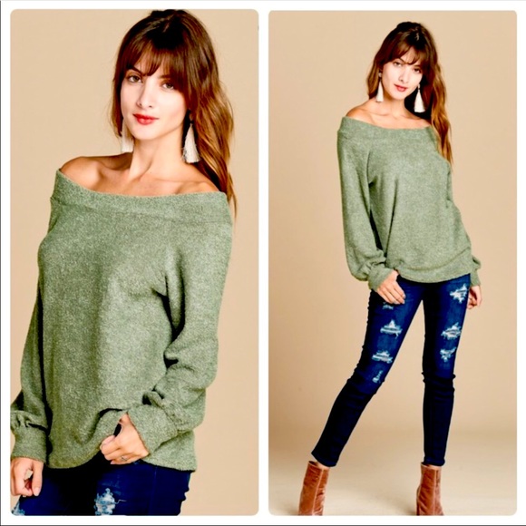 B29💚Soft💚Cozy Off-shoulder celery Green Party sweater - Picture 1 of 7